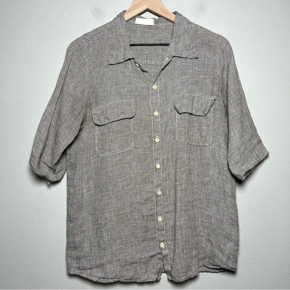 CP Shades Women Linen‎ Button Down Top Small Brown Safari Half Sleeve Coastal - Picture 1 of 11